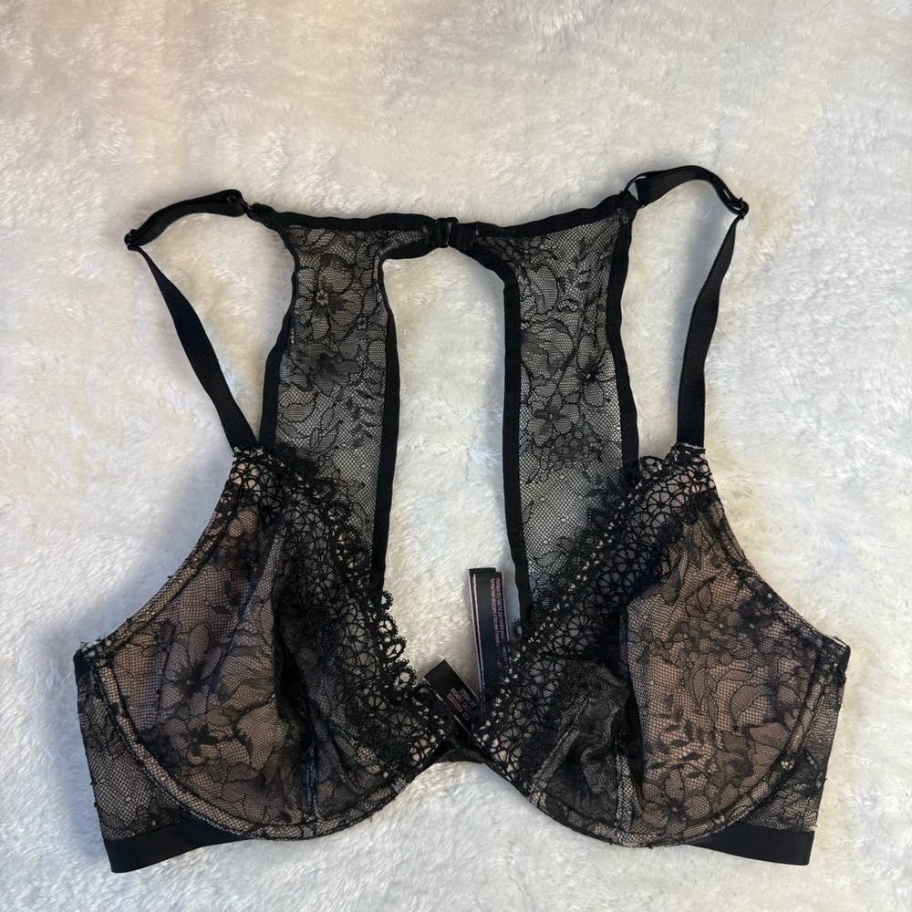 Victoria's Secret Black Lace Underwire Plunge Bra Size 34D